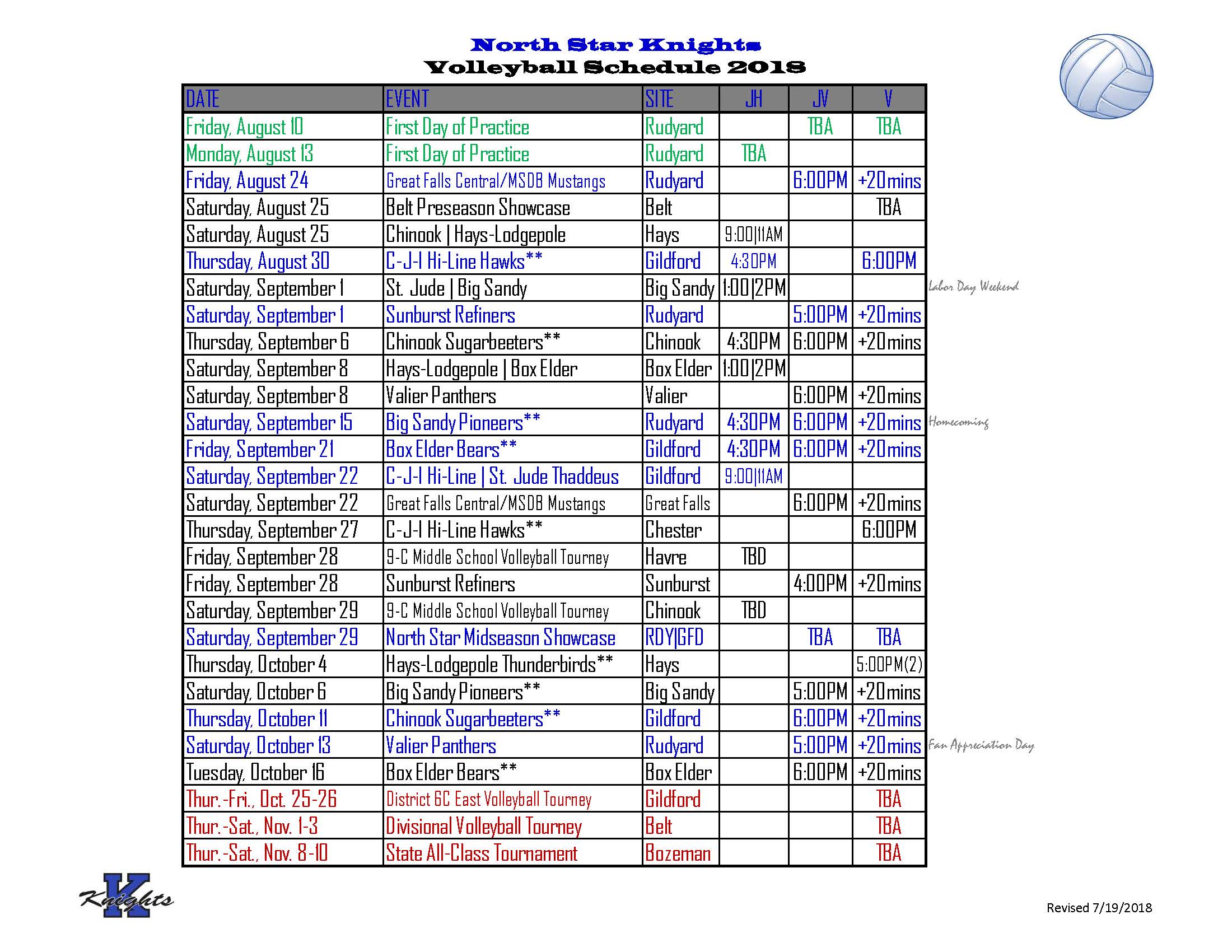 Jr. High Volleyball Schdule. It is white with balck, blue, green, and red font. 